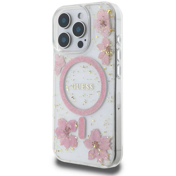 Guess - Hardcase Resin Flowers and Glitter MagSafe (GUHMP16SRBFGFGMP) - iPhone 16 - Pink
