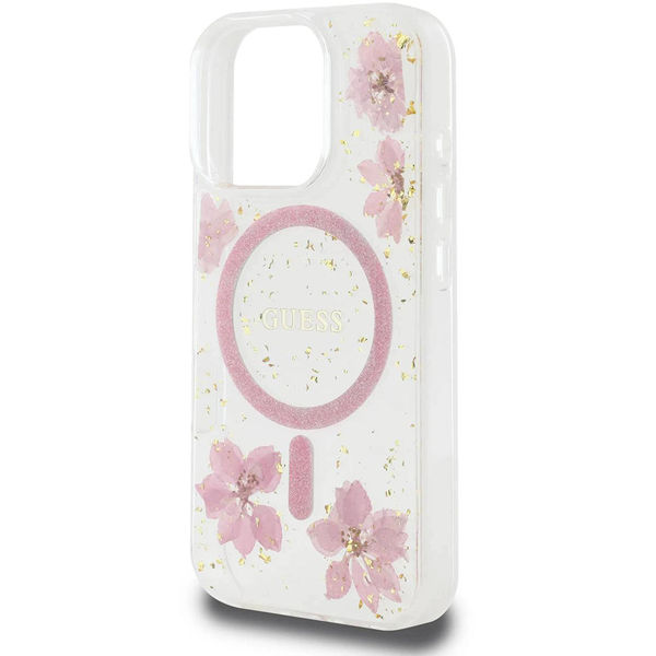 Guess - Hardcase Resin Flowers and Glitter MagSafe (GUHMP16SRBFGFGMP) - iPhone 16 - Pink