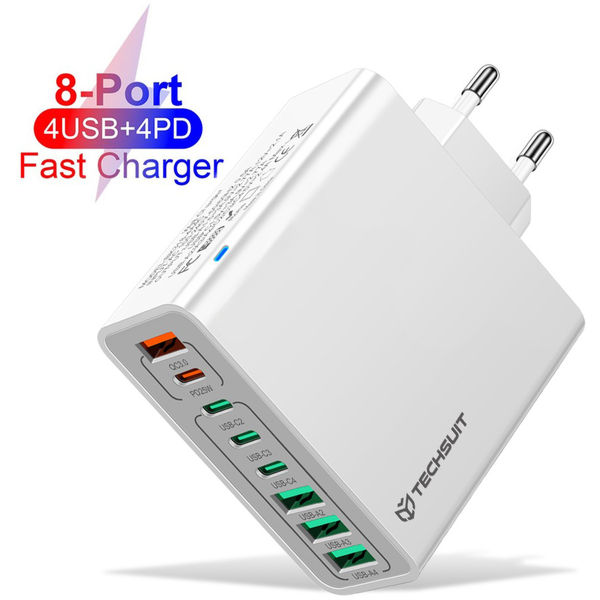 Techsuit - Wall Charger (CHPD224) - 4 x USB, 4 X Type-C, Fast Charging, 65W - White