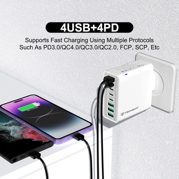 Techsuit - Wall Charger (CHPD224) - 4 x USB, 4 X Type-C, Fast Charging, 65W - White