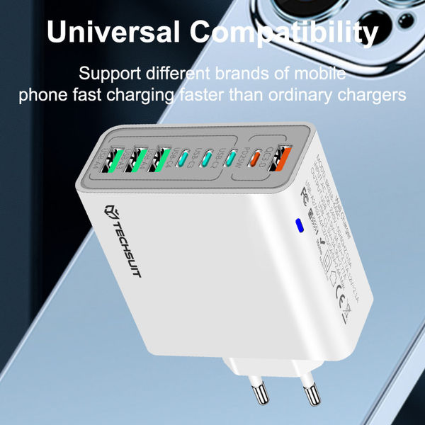 Techsuit - Wall Charger (CHPD224) - 4 x USB, 4 X Type-C, Fast Charging, 65W - White