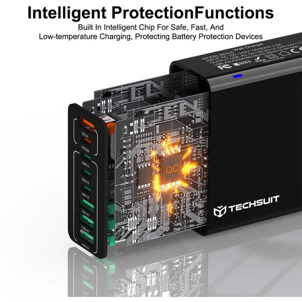 Techsuit - Wall Charger (CHPD224) - 4 x USB, 4 X Type-C, Fast Charging, 65W - Black