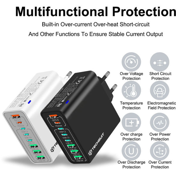 Techsuit - Wall Charger (CHPD224) - 4 x USB, 4 X Type-C, Fast Charging, 65W - Black