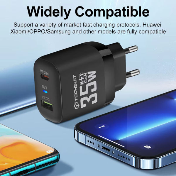 Techsuit - Premium Wall Charger (CHPD174) - GaN, USB QC3.0, Type-C PD35W - Black
