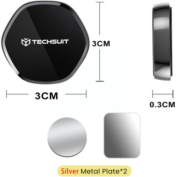 Techsuit - Phone Holder Tiny Series (HOLD210-C) - Dashboard Magnetic Grip, Multipurpose Use, Hexagonal, 2 Metal Plates - Black