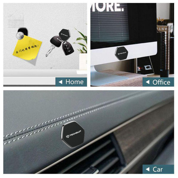 Techsuit - Phone Holder Tiny Series (HOLD210-C) - Dashboard Magnetic Grip, Multipurpose Use, Hexagonal, 2 Metal Plates - Black