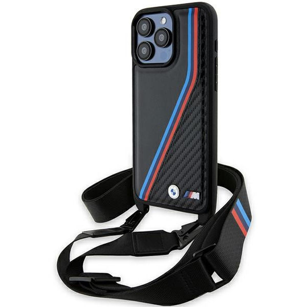 BMW - Leather M Edition Carbon Tricolor Lines & Strap (BMHCP15L23PSVTK) - iPhone 15 Pro - Black