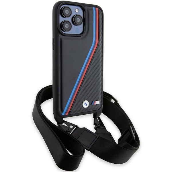 BMW - Leather M Edition Carbon Tricolor Lines & Strap (BMHCP15L23PSVTK) - iPhone 15 Pro - Black