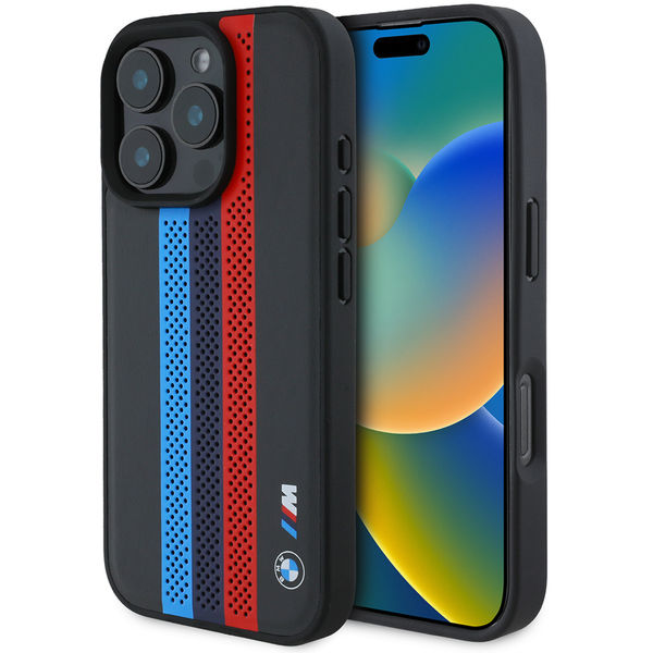 BMW - Hardcase Perforated M Perf. Tricolor Printed Stripes MagSafe (BMHMP16X23PUPTK) - iPhone 16 Pro Max - Black