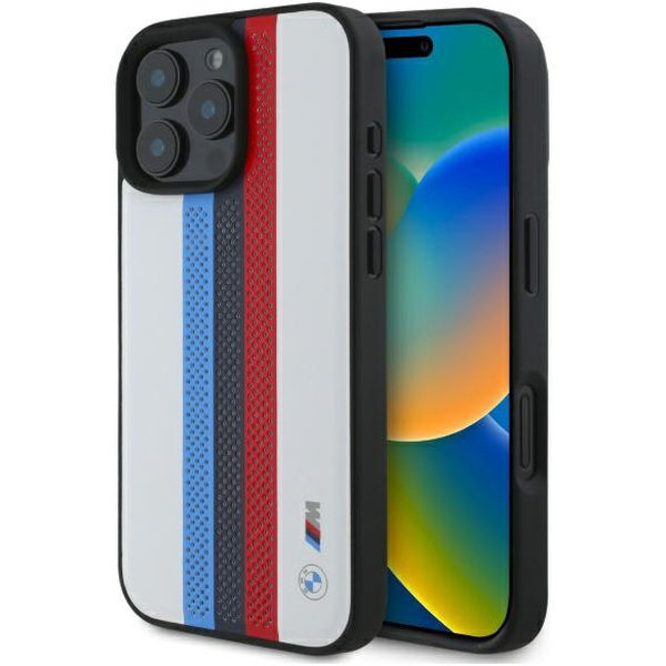 BMW - Hardcase Perforated M Perf. Tricolor Printed Stripes MagSafe (BMHMP16X23PUPTH) - iPhone 16 Pro Max - White