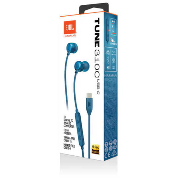 JBL - Wired Earphones 310C - Type-C, Hi-Res Audio, Pure Bass Sound, 3 Buttons Remote with Microphone - Blue