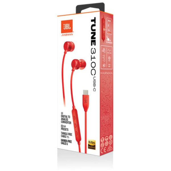 JBL - Wired Earphones 310C - Type-C, Hi-Res Audio, Pure Bass Sound, 3 Buttons Remote with Microphone - Red