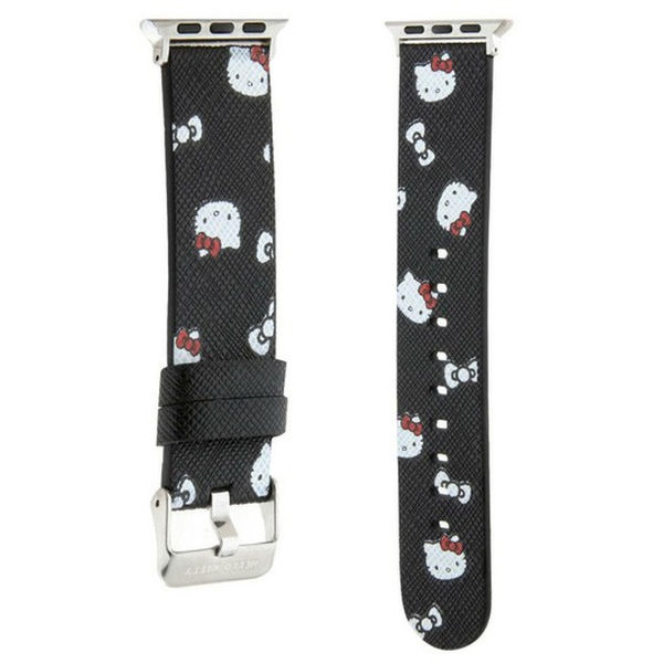 Hello Kitty - Strap Leather Heads & Bows Pattern (HKAWMPSAPSK)-Apple Watch 1/2/3/4/5/6/7/8/9/10/SE/SE 2 (38/40/41/42mm)-Black
