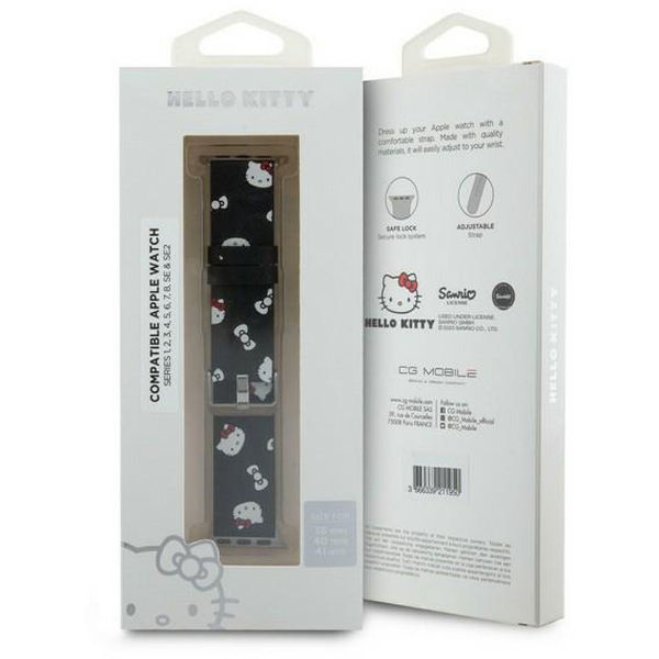 Hello Kitty - Strap Leather Heads & Bows Pattern (HKAWMPSAPSK)-Apple Watch 1/2/3/4/5/6/7/8/9/10/SE/SE 2 (38/40/41/42mm)-Black