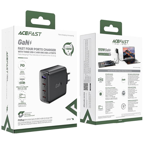 Acefast - Wall Charger (A94) - Multiport 3x USB-C, USB-A, GaN2 Technology, PD100W - Black