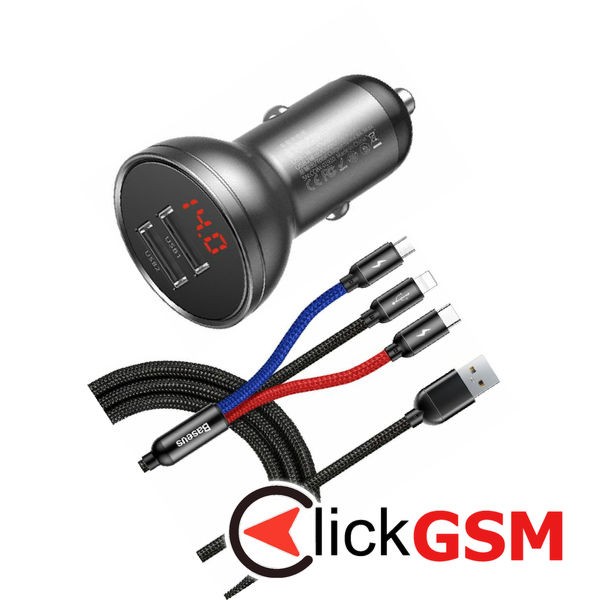 Baseus - Car Charger (TZCCBX-0G) - Digital Display, 2xUSB-A, 24W with Cable USB to Type-C, Lightning, Micro-USB - Black