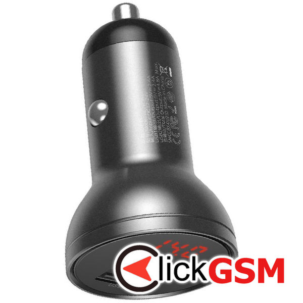 Baseus - Car Charger (TZCCBX-0G) - Digital Display, 2xUSB-A, 24W with Cable USB to Type-C, Lightning, Micro-USB - Black