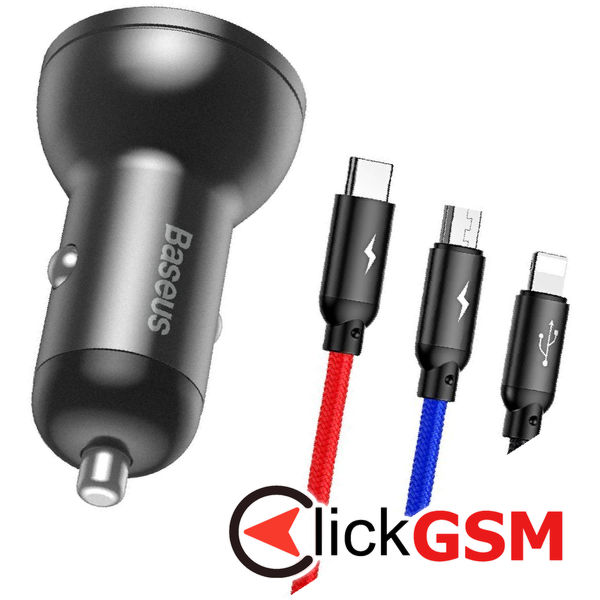 Baseus - Car Charger (TZCCBX-0G) - Digital Display, 2xUSB-A, 24W with Cable USB to Type-C, Lightning, Micro-USB - Black