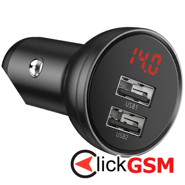 Baseus - Car Charger (TZCCBX-0G) - Digital Display, 2xUSB-A, 24W with Cable USB to Type-C, Lightning, Micro-USB - Black