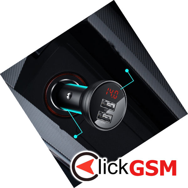 Baseus - Car Charger (TZCCBX-0G) - Digital Display, 2xUSB-A, 24W with Cable USB to Type-C, Lightning, Micro-USB - Black