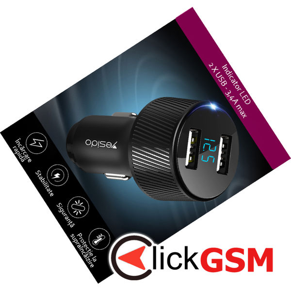 Yesido - Car Charger (Y31) - 2x USB, LED Display, QC 3.0, 18W, 3A - Black