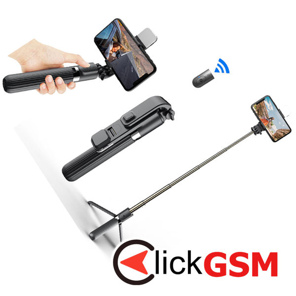 Techsuit - Selfie Stick (L03S) - with Bluetooth Remote, Stable Tripod Mount, Led Light, 84cm - Black