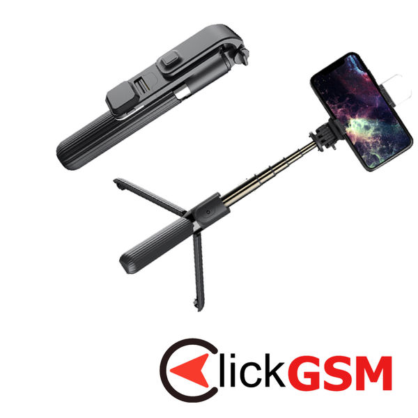 Techsuit - Selfie Stick (L03S) - with Bluetooth Remote, Stable Tripod Mount, Led Light, 84cm - Black