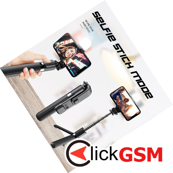 Techsuit - Selfie Stick (L03S) - with Bluetooth Remote, Stable Tripod Mount, Led Light, 84cm - Black