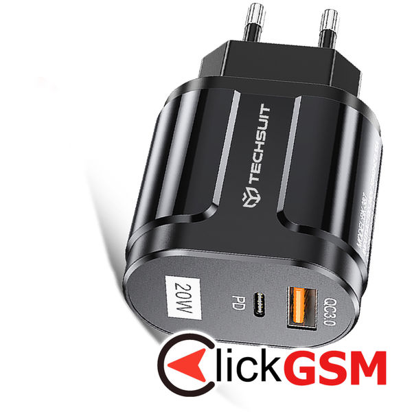 Techsuit - Wall Charger Premium (CHPD038) - USB-A, QC 3.0, USB-C, 20W - Black