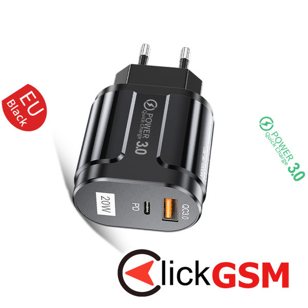 Techsuit - Wall Charger Premium (CHPD038) - USB-A, QC 3.0, USB-C, 20W - Black