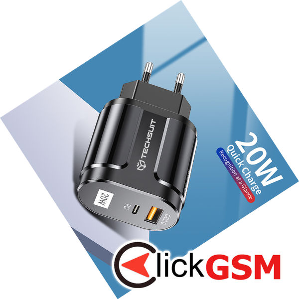 Techsuit - Wall Charger Premium (CHPD038) - USB-A, QC 3.0, USB-C, 20W - Black