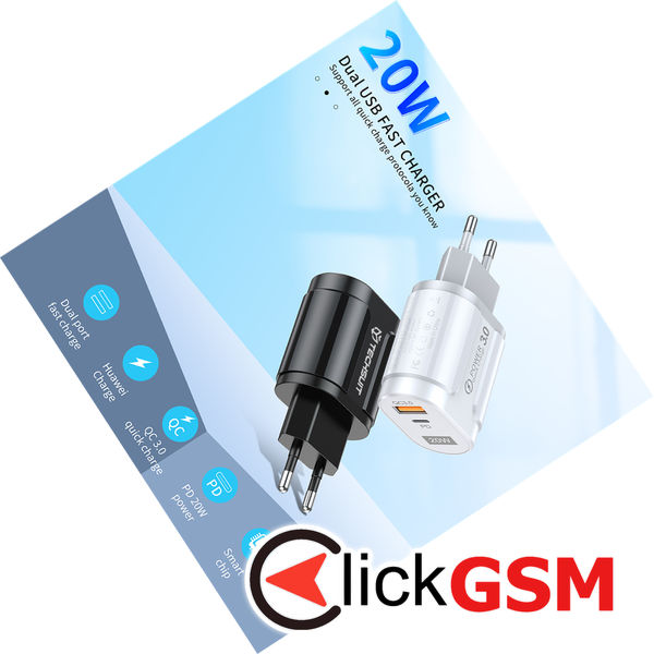 Techsuit - Wall Charger Premium (CHPD038) - USB-A, QC 3.0, USB-C, 20W - Black