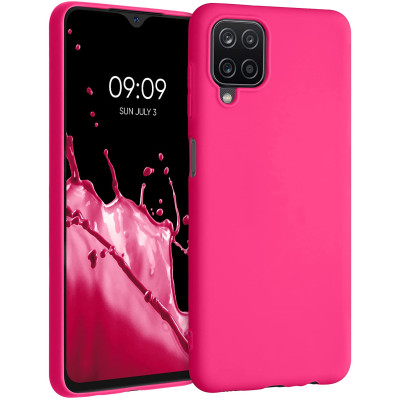 Husa din silicon compatibila cu Samsung Galaxy A12 cu protectie la camera, silk touch, Roz neon