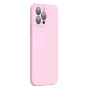 Husa iPhone 14 din silicon, silk touch, interior din catifea cu decupaje pentru camere, Roz