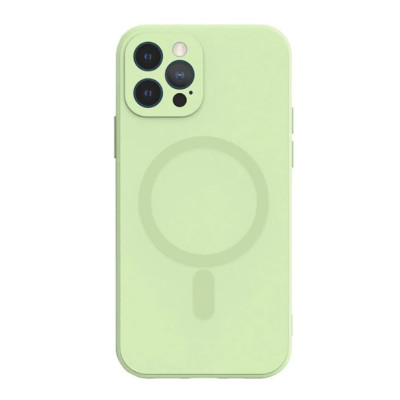 Husa iPhone 14 din silicon cu MagSafe, silk touch, interior din catifea cu decupaje pentru camere, Menta