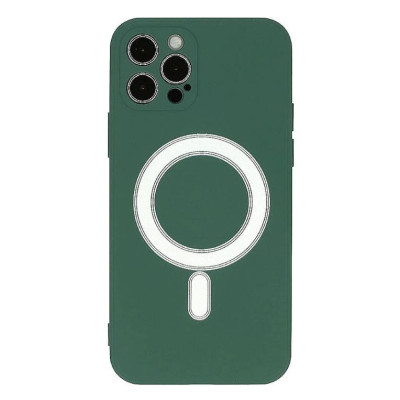 Husa iPhone 14 Pro din silicon cu MagSafe, silk touch, interior din catifea cu decupaje pentru camere, Verde inchis