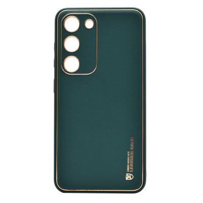 Husa eleganta din piele ecologica pentru Samsung Galaxy S23 cu accente aurii, Verde inchis