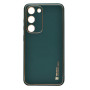 Husa eleganta din piele ecologica pentru Samsung Galaxy S21 cu accente aurii, Verde inchis