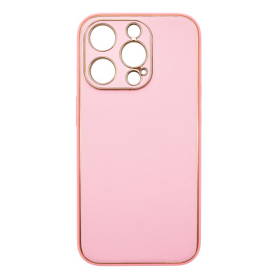 Husa eleganta din piele ecologica cu insertii aurii, Full protection, pentru iPhone 15, Roz