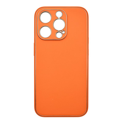 Husa eleganta din piele ecologica cu insertii aurii, Full protection, pentru iPhone 15 Plus, Portocaliu