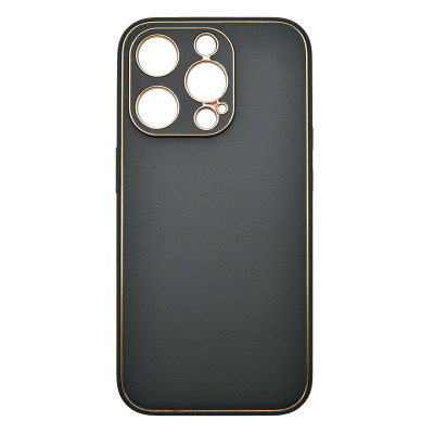 Husa eleganta din piele ecologica cu insertii aurii, Full protection, pentru iPhone 15 Pro Max, Verde inchis