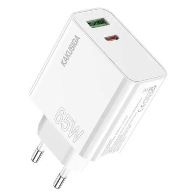 Incarcator Retea Dual Port Kakusiga KSC-934, Fast Charging 65W, 1xUSB-C, 1xUSB-A, Alb