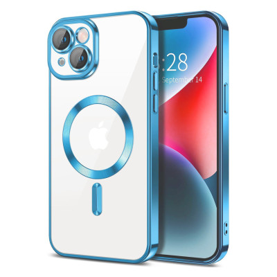 Husa Luxury MagSafe compatibila cu iPhone 14 Plus, Full protection, Margini colorate, Sierra Blue