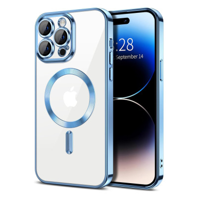 Husa Luxury MagSafe compatibila cu iPhone 14 Pro, Full protection, Margini colorate, Sierra Blue