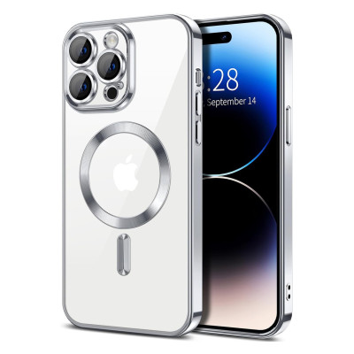 Husa Luxury MagSafe compatibila cu iPhone 14 Pro Max, Full protection, Margini colorate, Argintiu