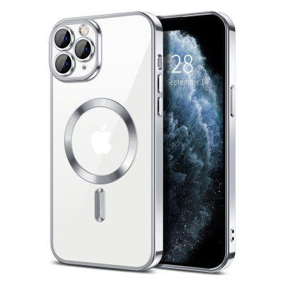 Husa Luxury MagSafe compatibila cu iPhone 11 Pro, Full protection, Margini colorate, Argintiu