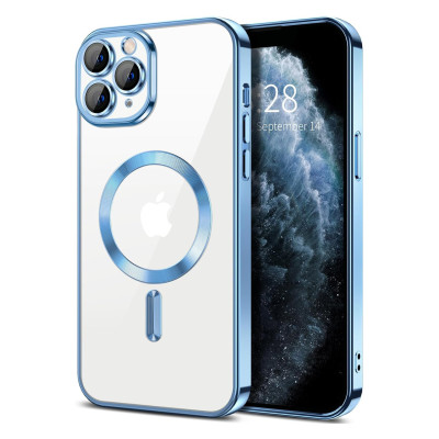 Husa Luxury MagSafe compatibila cu iPhone 11 Pro, Full protection, Margini colorate, Sierra Blue