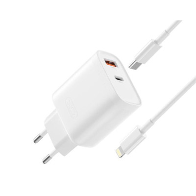 Incarcator Retea 30W PD Dual USB, Fast charge XO L116, cu cablu USB-C - tip Lightning, Alb