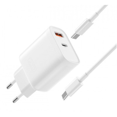 Incarcator Retea 30W PD Dual USB, Fast charge XO L116, cu cablu USB-C - USB-C, Alb