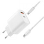 Incarcator Retea 30W PD Dual USB, Fast charge XO L116, cu cablu USB-C - USB-C, Alb